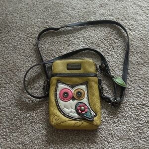 Chala Owl Cell Phone Crossbody Bag Yellow Vegan Leather Adjustable Strap